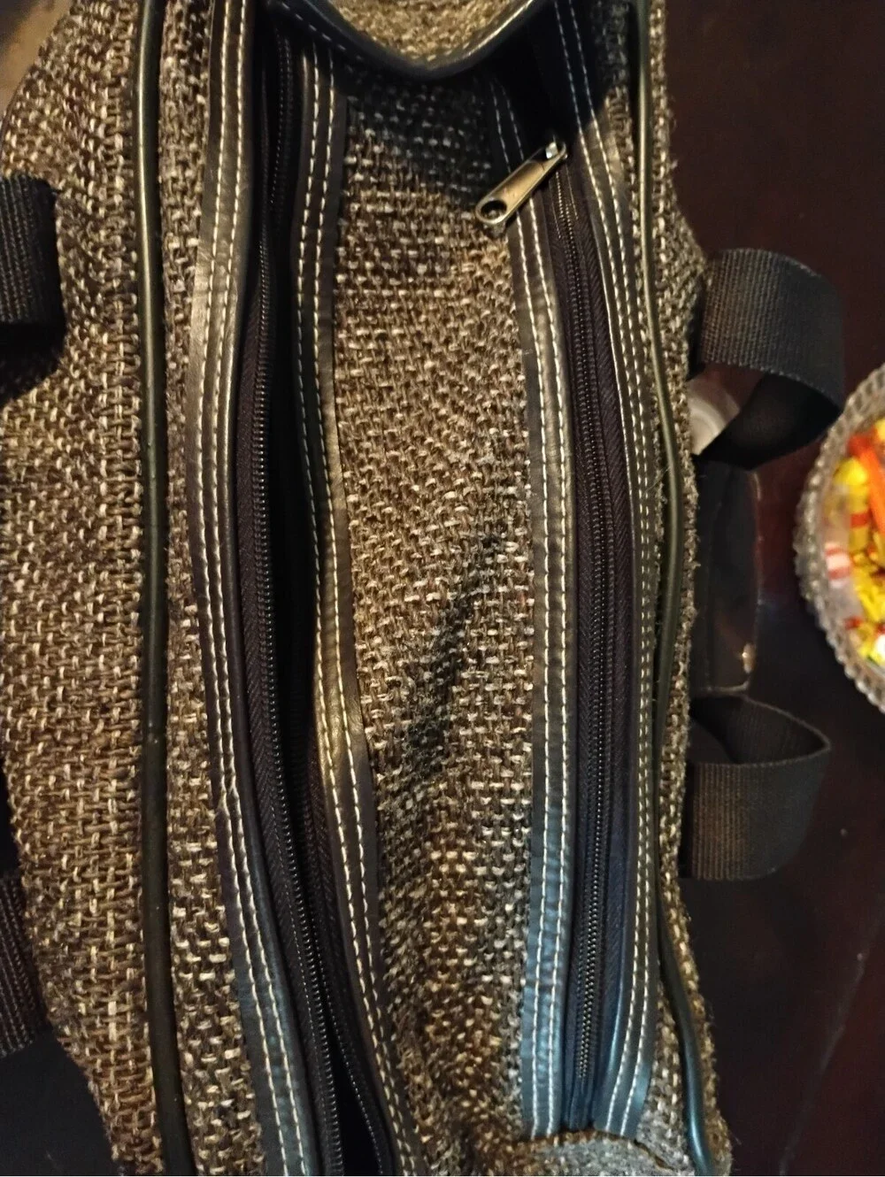 Vintage Jaguar Black & Grey Tweed Textured Satchel Handbag Faux Leather